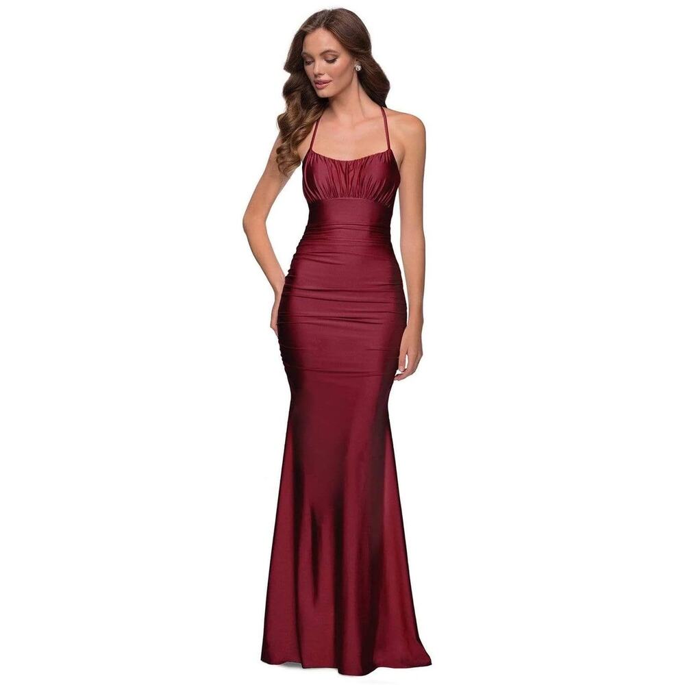 La Femme Open Back Red Jersey Ruched Evening Dance Cocktail Prom Gown 2